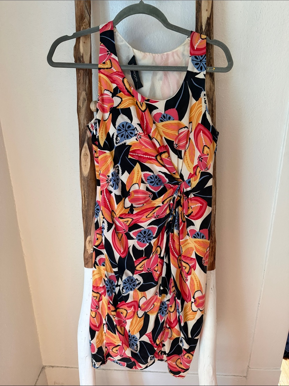 Thakoon Sleeveless Silk Floral Twist-Waist Dress in Navy Coral & ivory Size 2